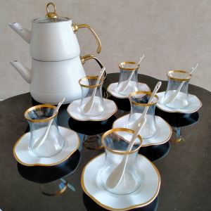P H Panayır Home Porselen Çay Tabaklı El Dekorlu 6 Kişilik 12 Parça Cam Çay Bardağı Seti, Çeyizlik Set,